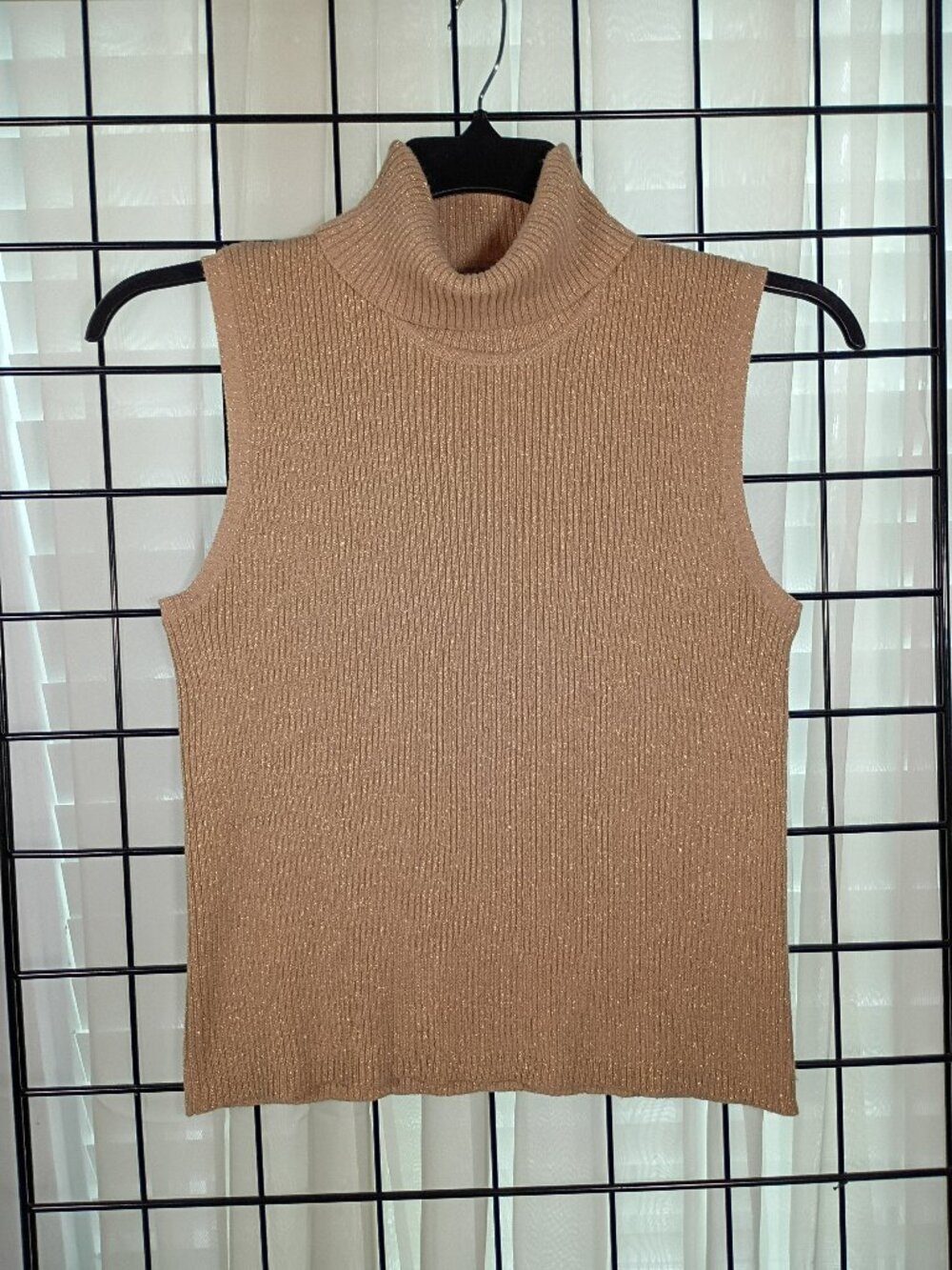Gold Shimmer Ribbed Turtleneck Sleeveless Sweater